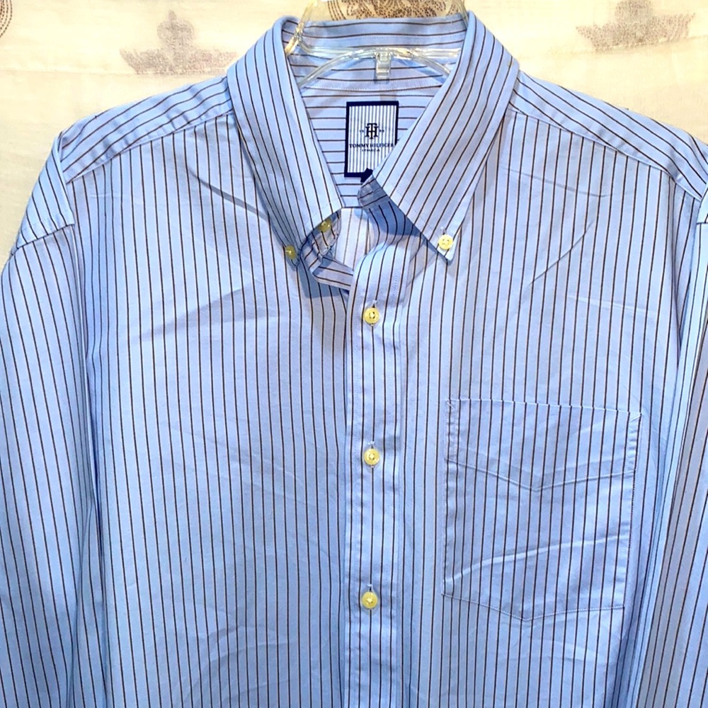 TOMMY HILFIGER ITHACA PINSTRIPE BLUE/GREY LONG SLV SHIRT SZ L